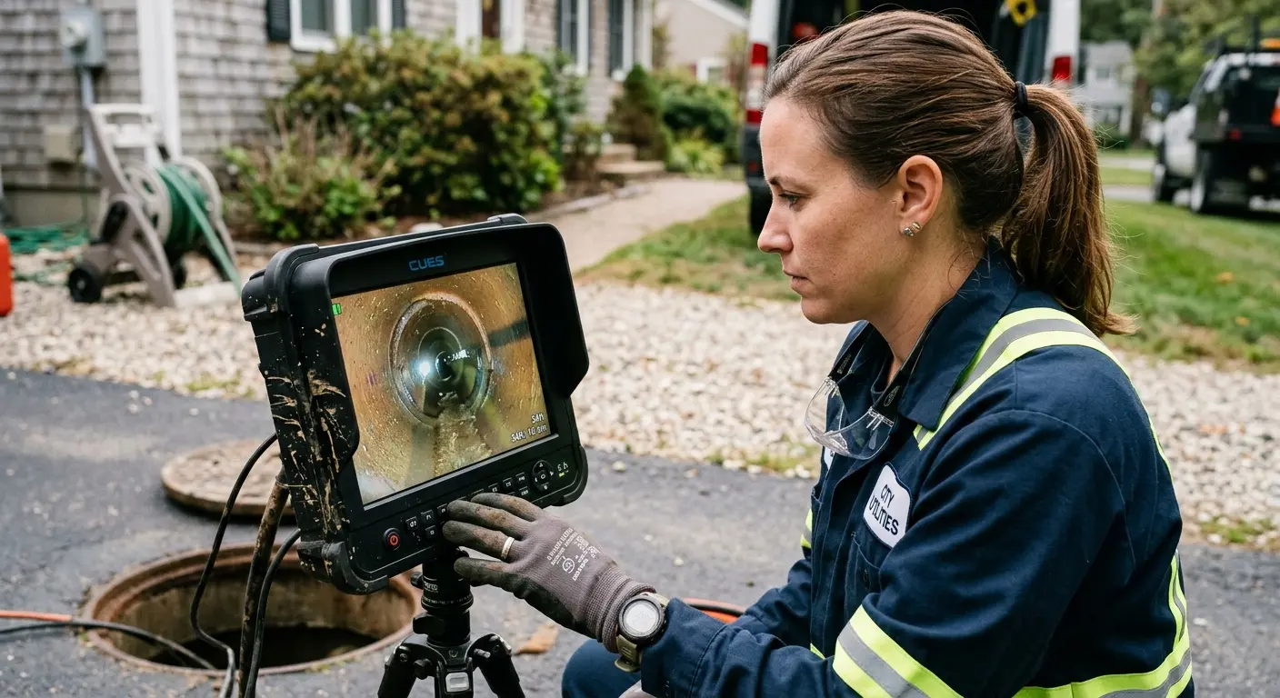 Technician reviewing sewer camera inspection footage in Matteson