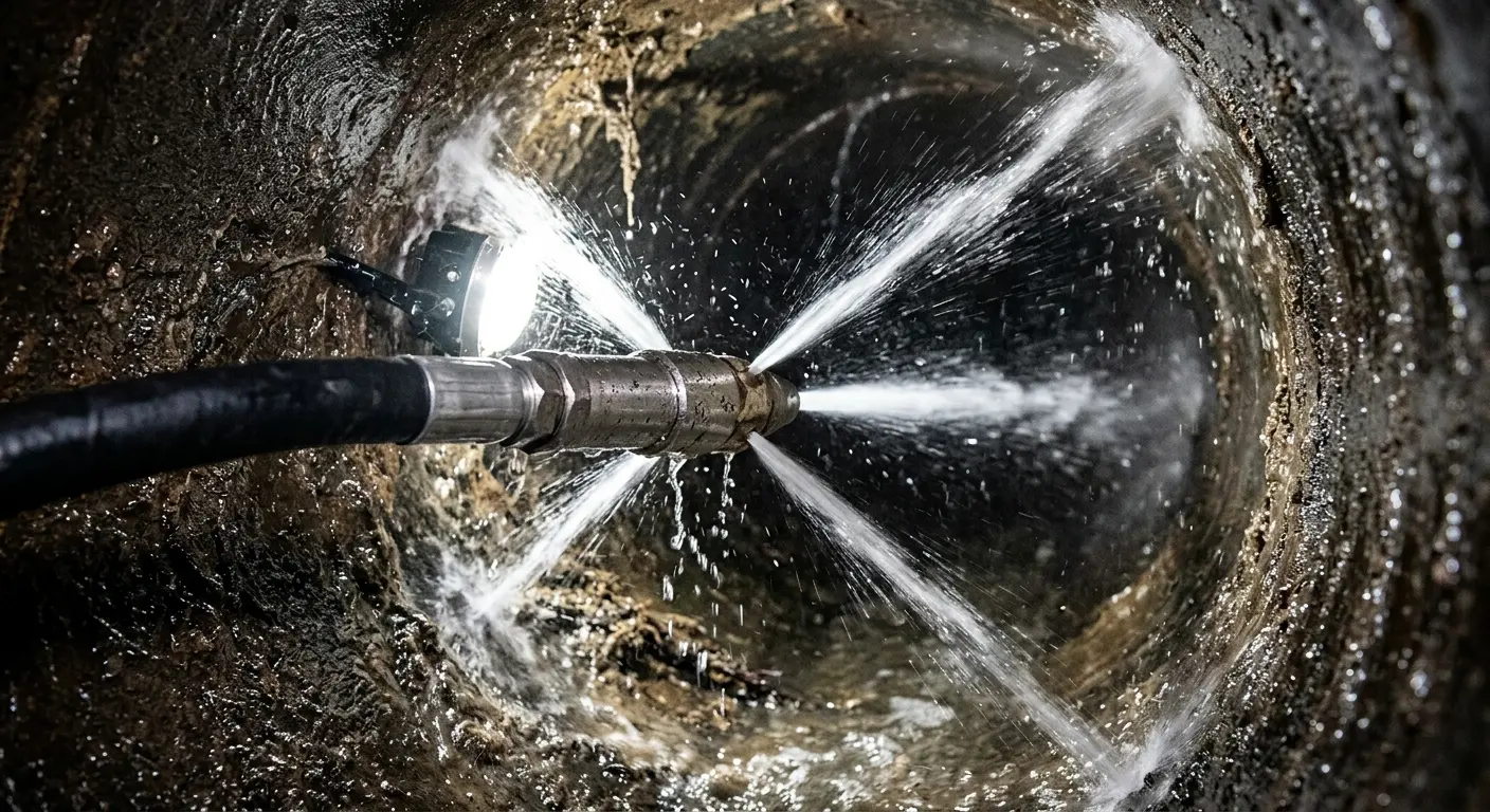 High-pressure hydro jetting nozzle cleaning sewer pipe for Trenchless Sewer Repair in Matteson