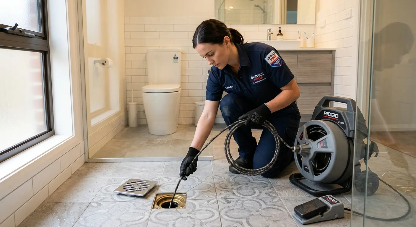 Technician clearing a bathroom floor drain for Sewer Line Installation in Matteson